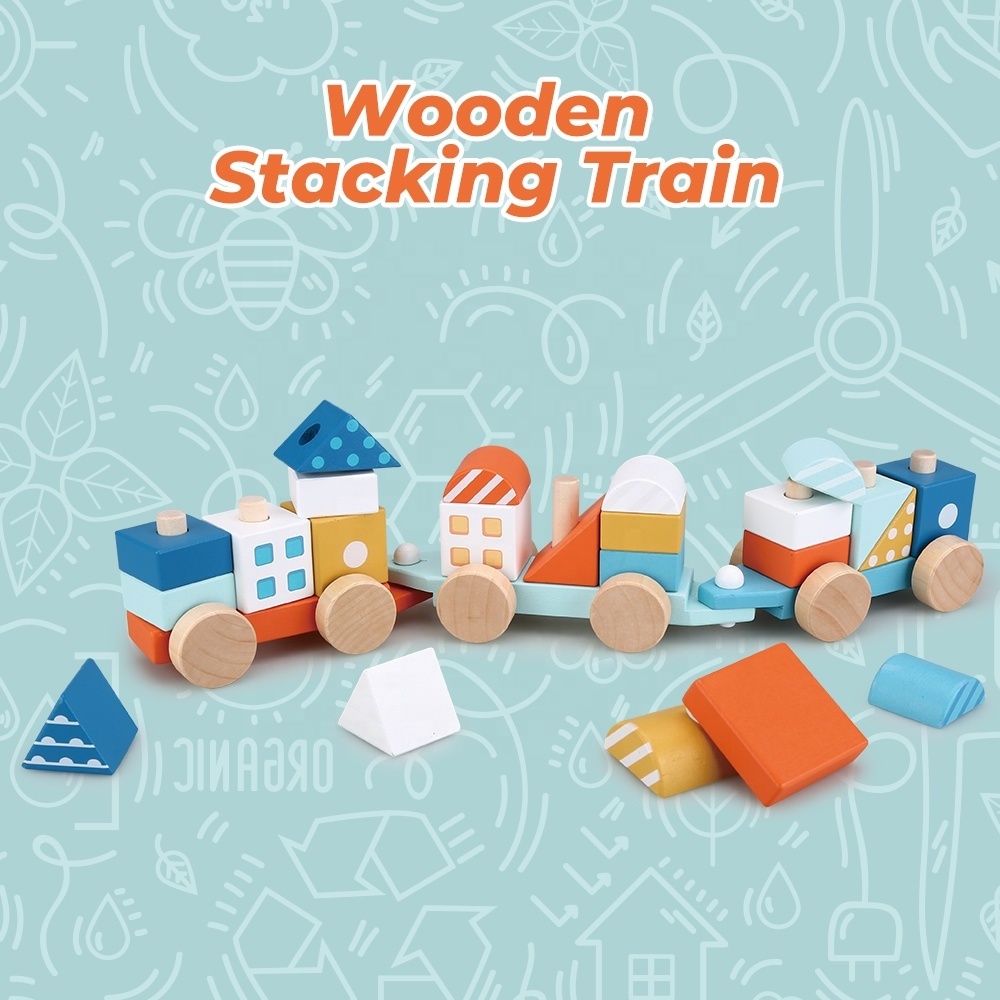 Montessori Toys Wooden Stacking Blocks Train Classic Wooden Train Set 23 PCS Wooden Toy Car Sorting and Stacking Toy for Toddler