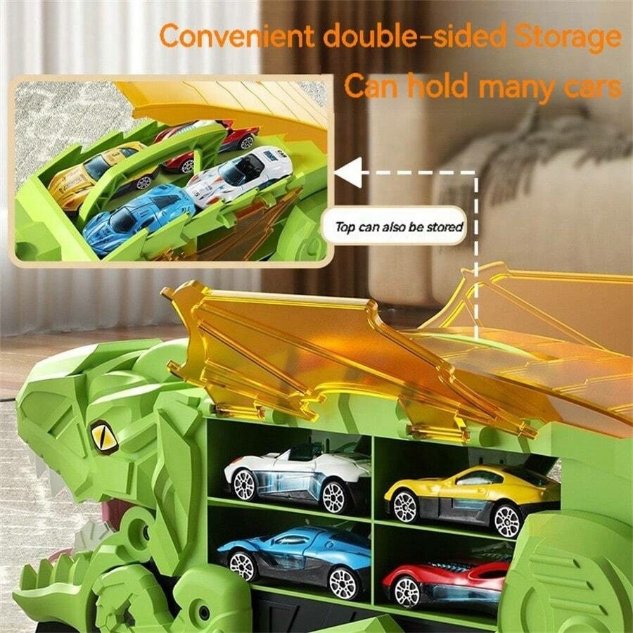 Dinosaur Transport Car Toys Transporter Truck Toy Cars Track Set with 4 Alloy Cars, Truck Toy Transforms into Dino for Toddler