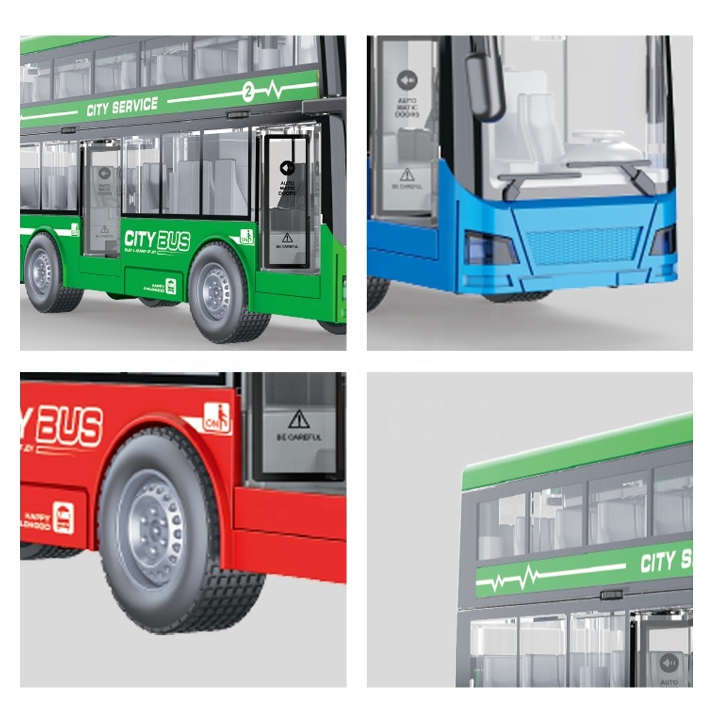 1:16 Scale Plastic Friction Bus with Light and Sound, Double Decker Door Opening Bus Toy Model Urban Public Transportation