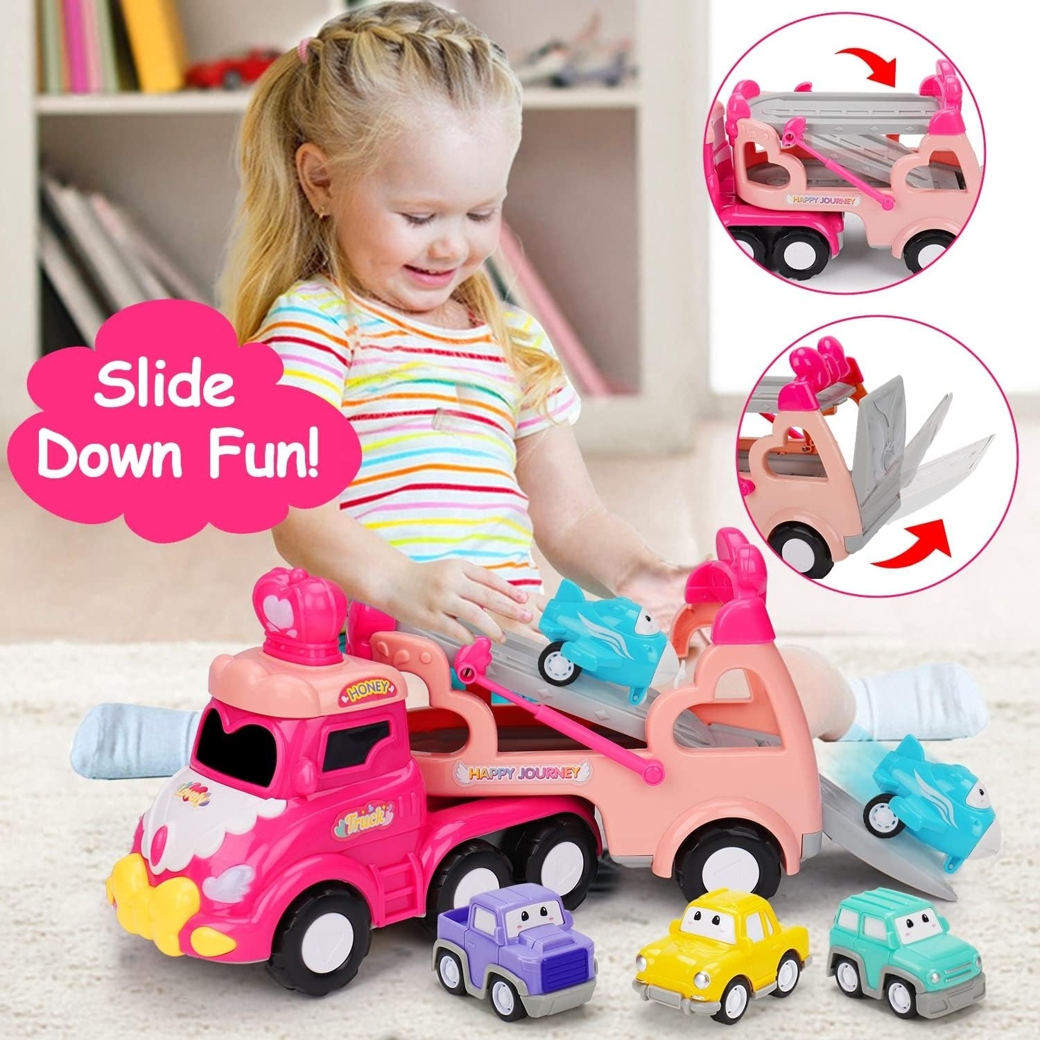 5-in-1 Pink Princess Transport Car Carrier Truck Toddler Toys with Lights and Music Cartoon Freewheel Toy Car for Girls