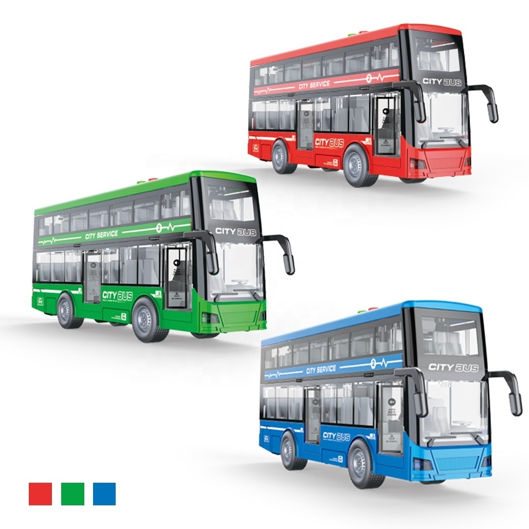 1:16 Scale Plastic Friction Bus with Light and Sound, Double Decker Door Opening Bus Toy Model Urban Public Transportation