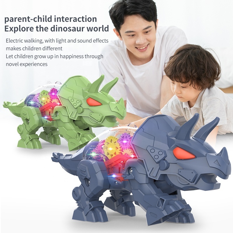 Transparent Electric Gear Dinosaur Toy for Kids Battery Operated Animal Dinosaur Walking Toy with Light and Music