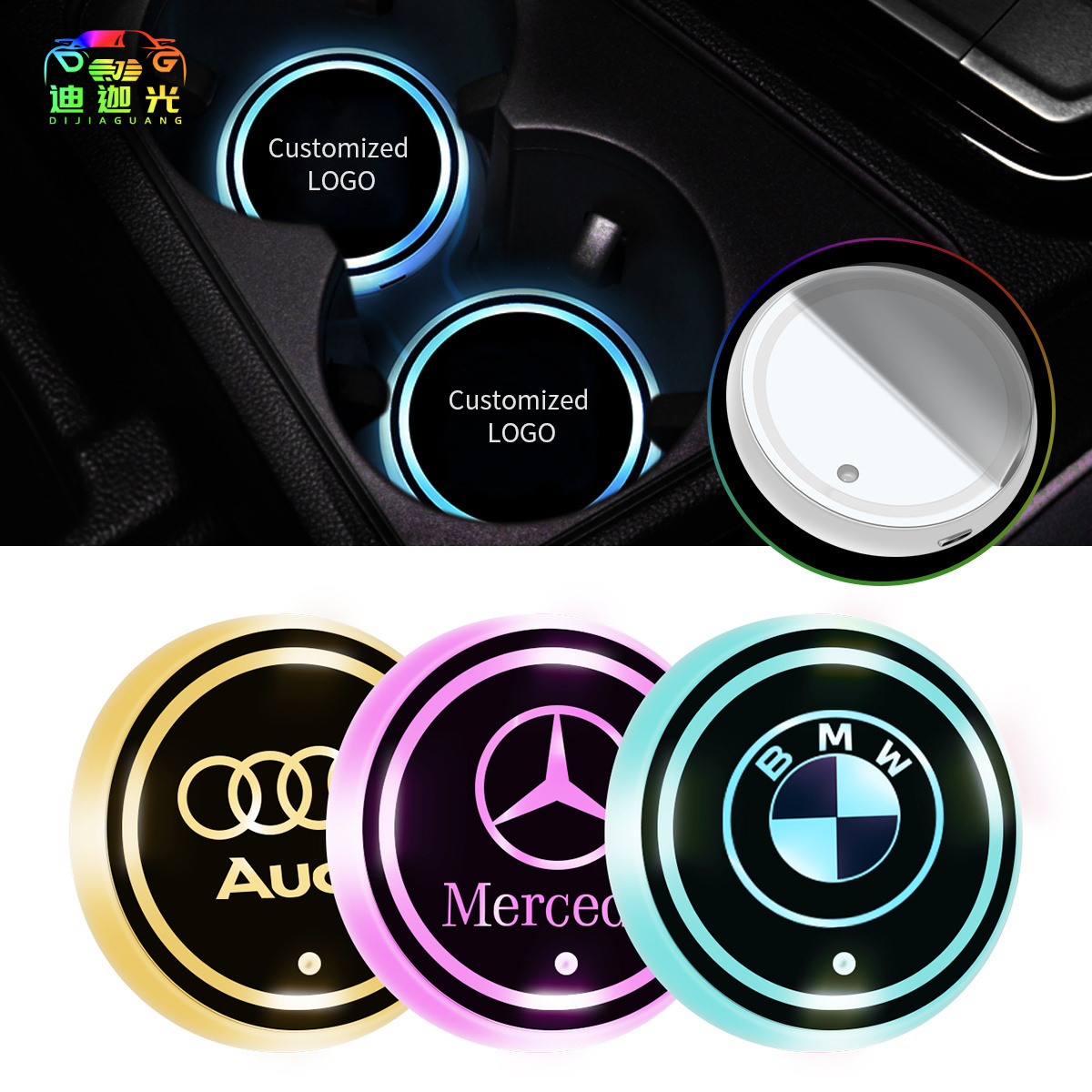 LED Cup Holder Lights LED Car RGB Luminescent Light Pad Cup Mat for Tesla & Other Cars Drink Coaster Interior Atmosphere Light