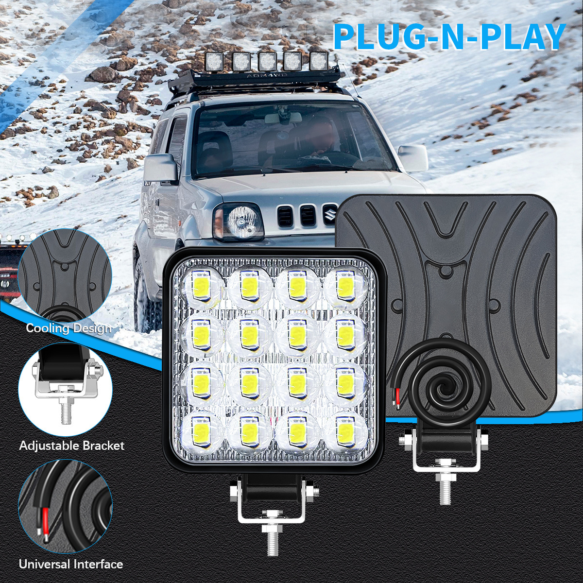 12V Universal Square LED Work Light LED Truck spotLight White Driving Fog Lights w/ Bracket for Pickup 4WD SUV Off Road