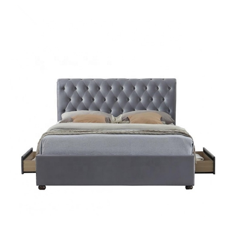 Classic chesterfield button tufted fabric upholstered high headboard wall mounted king bed frame with drawer