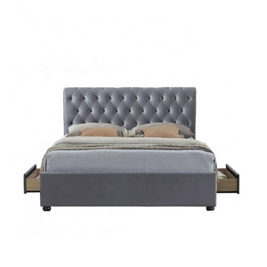 Classic chesterfield button tufted fabric upholstered high headboard wall mounted king bed frame with drawer