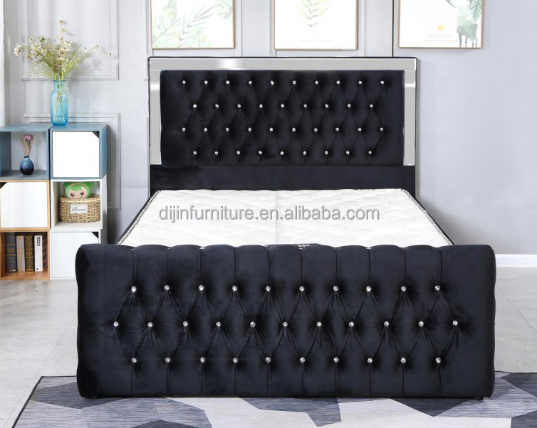 velvet headboard modern double bed frame with glass and mirror