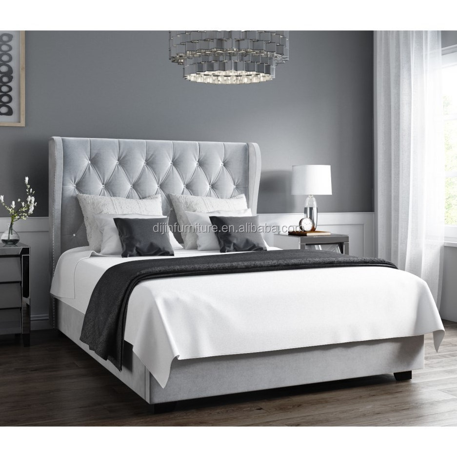 Safina Diamante Wing Headboard Back Silver Grey Velvet Double Ottoman Fabric Bed