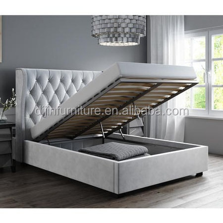 Safina Diamante Wing Headboard Back Silver Grey Velvet Double Ottoman Fabric Bed