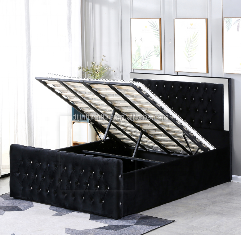 velvet headboard modern double bed frame with glass and mirror