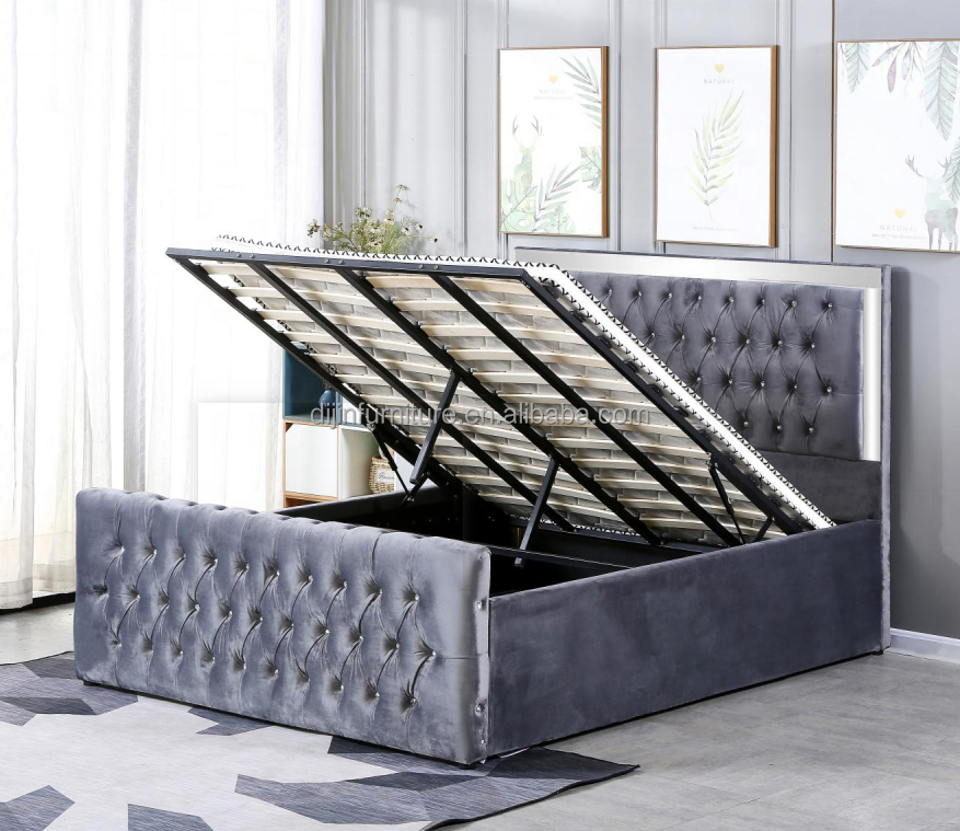 velvet headboard modern double bed frame with glass and mirror