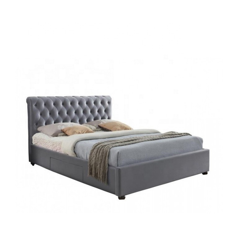 Classic chesterfield button tufted fabric upholstered high headboard wall mounted king bed frame with drawer