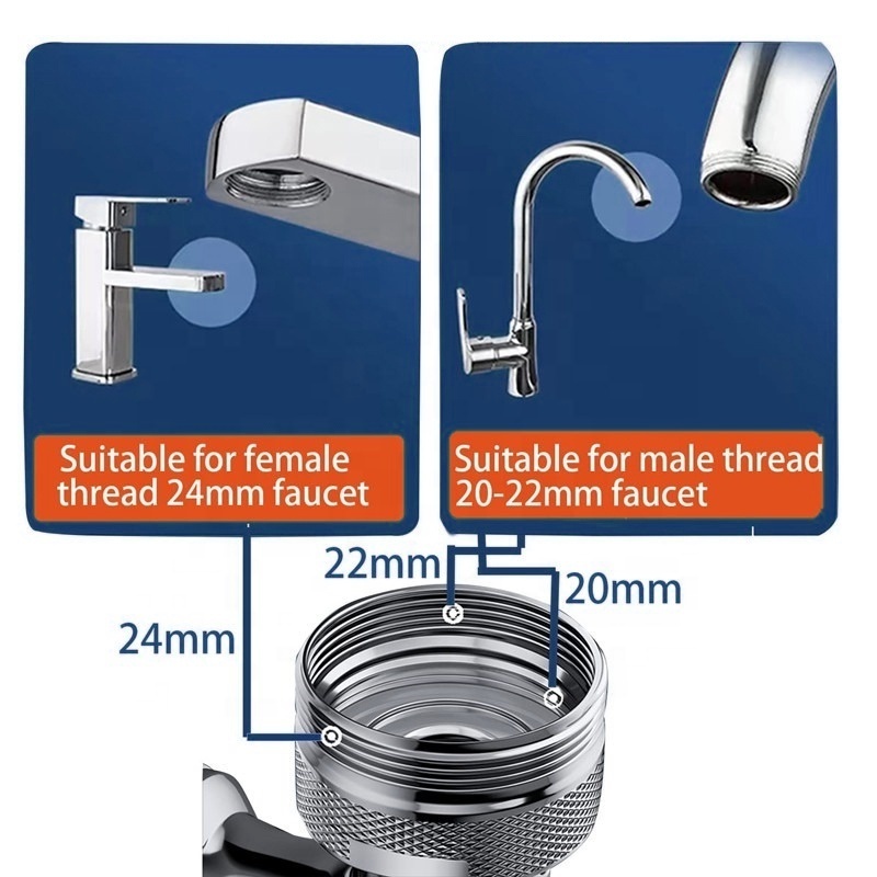 Universal 1080 Degree Rotatable Extension Aerator Splashproof Filter Dual Function Robotic Arm Faucet Aerator Adapter