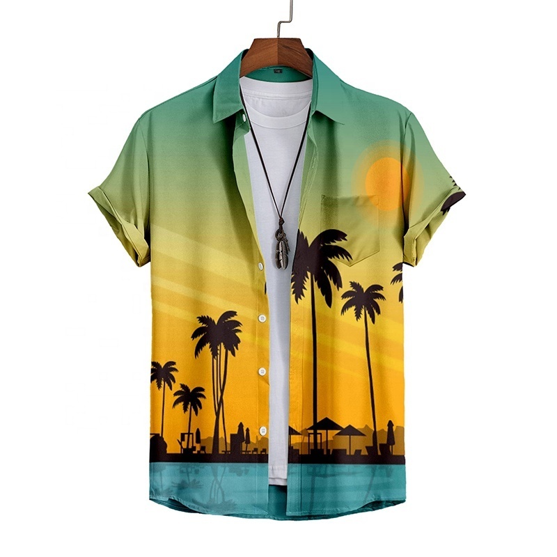 2024 Summer New Men's Hawaiian Coconut Tree Printed Yellow Lapel Polo Shirt Best Sellers