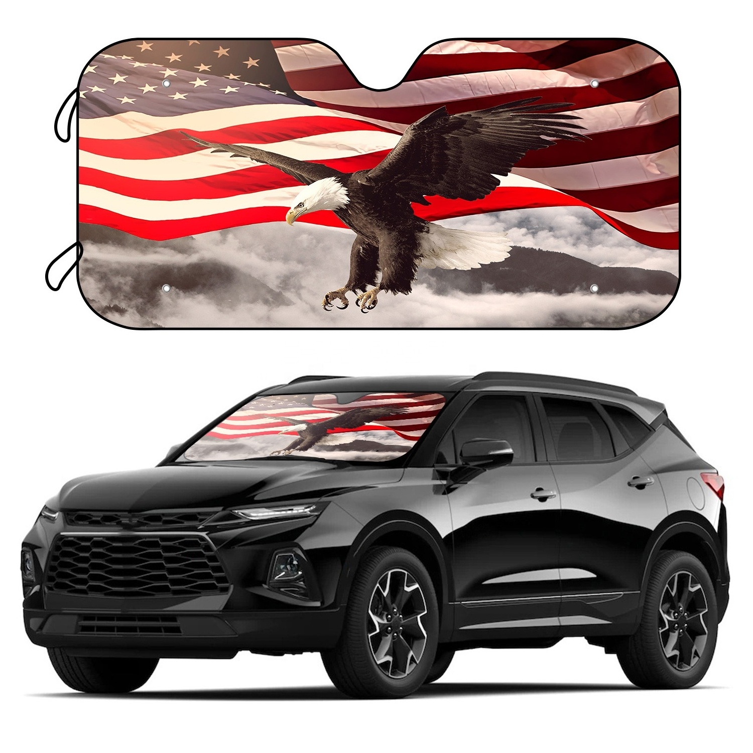 American Flag Eagle Windshield Sun Shade Patriotic Sunshade with 4 Free Suction Cups Sun Visor Cover Trunk Car Accessories