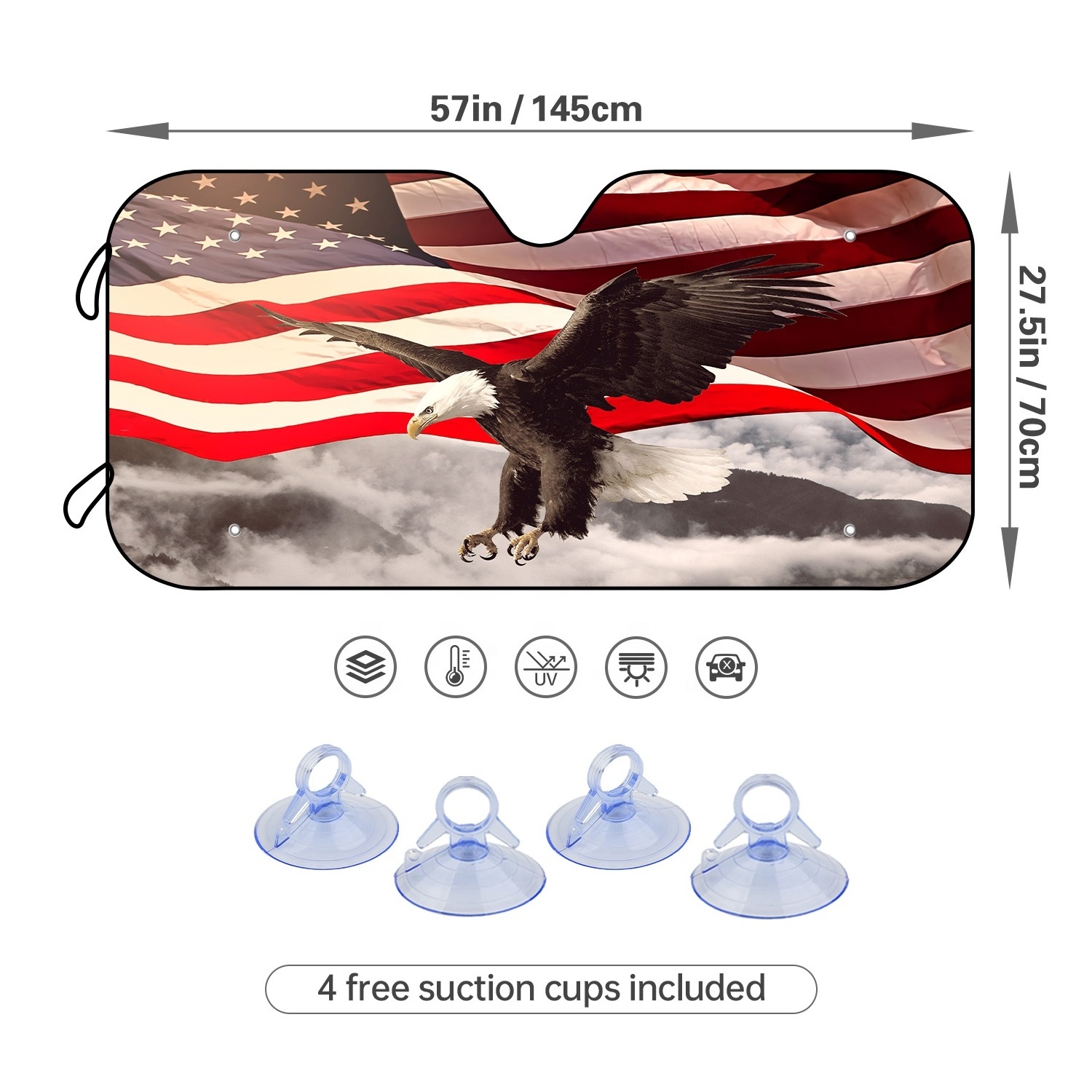 American Flag Eagle Windshield Sun Shade Patriotic Sunshade with 4 Free Suction Cups Sun Visor Cover Trunk Car Accessories