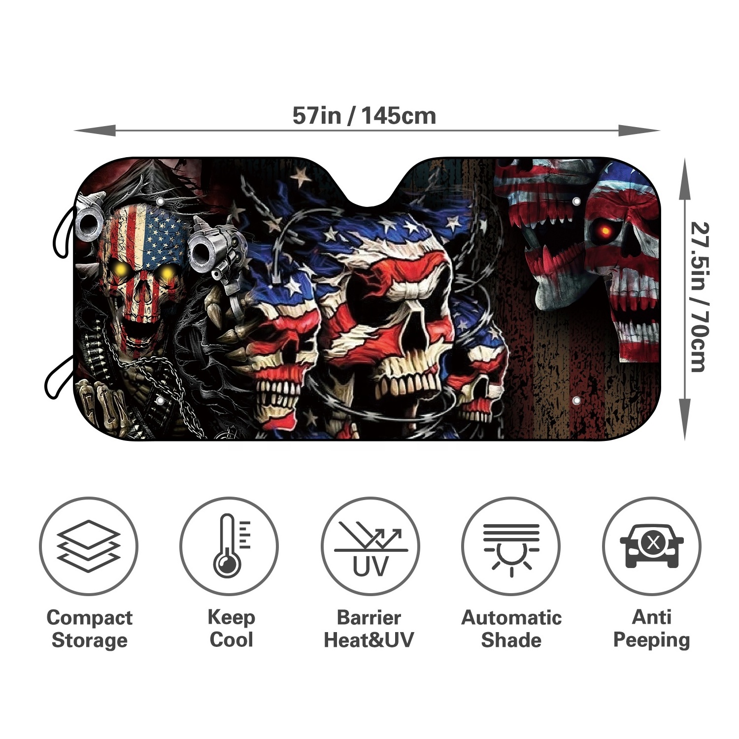 American Flag Skulls Fit Most Cars SUV Trucks Windshield Sunshade Foldable Sun Shade Can Blocks UV Rays Keep Your Vehicle Cool