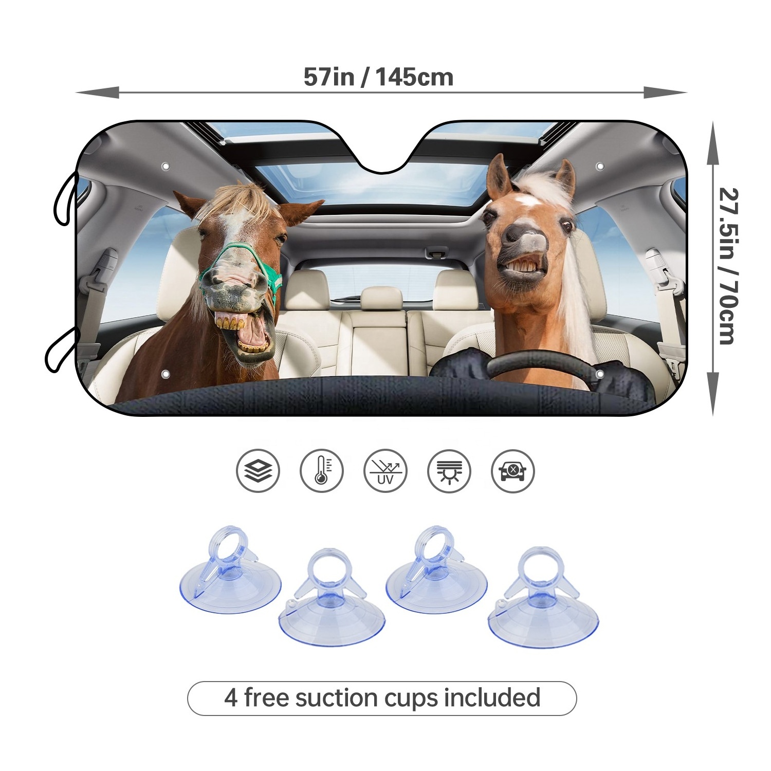 Funny Driving Horse Car Windshield Sun Shade With 4 Free Suction Cups Auto Sunshade for Car Truck SUV-Blocks Rays Protector