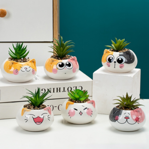 Wholesale Korean Cartoon Cute Animal Flower Pot Round Cat Figurines Miniature Model Fairy Garden Decoration Planter Ceramic Pot