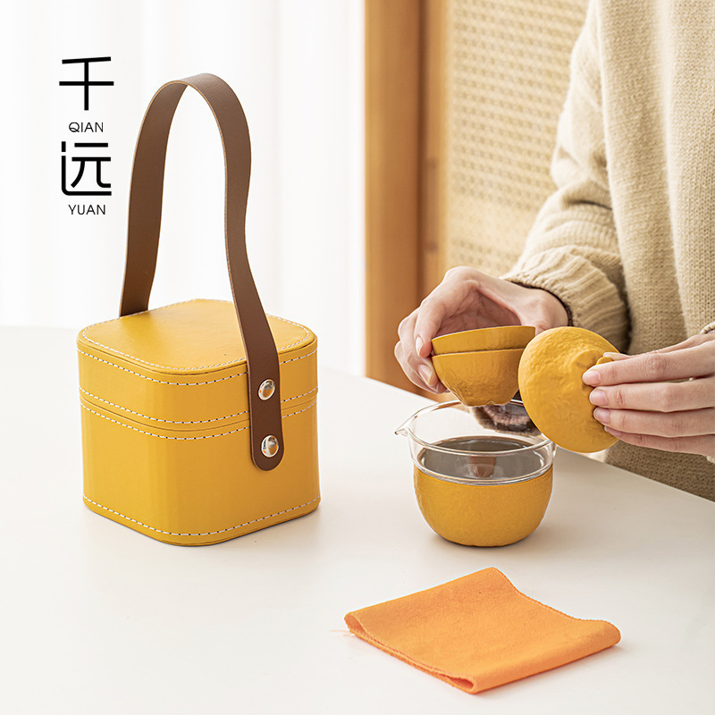 Orange persimmon to crack a pot of three outdoor portable teapot ceramic car travel tea set