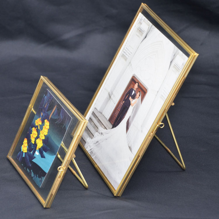 wholesale brass gold rim 4*4 inch custom clear memorial double sided glass picture frame with stand modern luxury ornament bulk