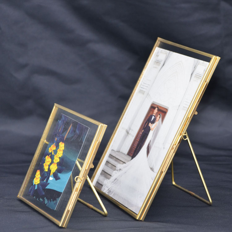 wholesale brass gold rim 4*4 inch custom clear memorial double sided glass picture frame with stand modern luxury ornament bulk