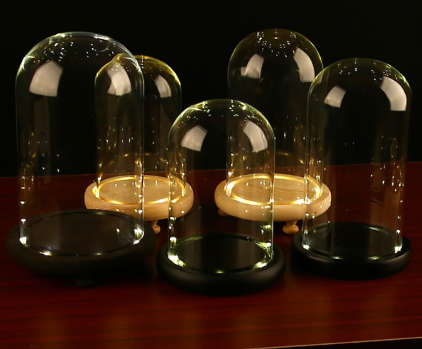 black solid wood/ glass bases bell jars display cloche glass dome with base