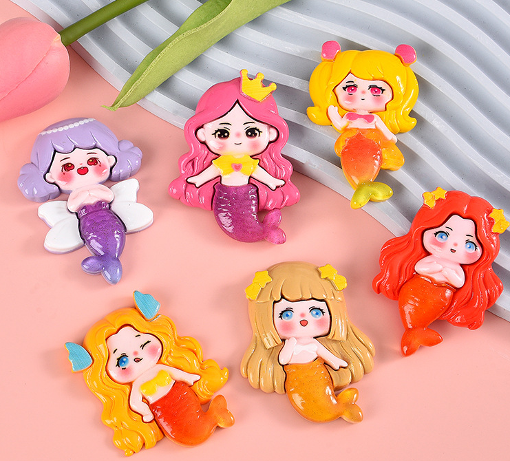 miniature kawaii mermaid flatback resin cabochon princess mini cartoon slime charm for jewelry Phone case refrigerator sticker