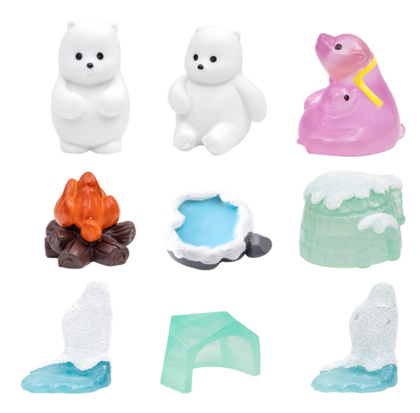 mini toys wholesale 3d cartoon resin craft pond iceberg Igloo campfire bonfire white polar bear christmas figurine and sculpture