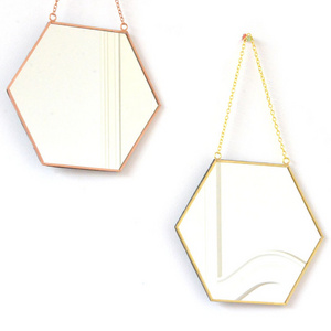 208*180mm brass color hanging gold bathroom metal hexagon decorative wall mirror with chain