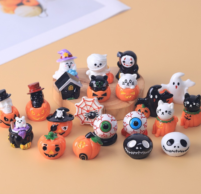 3D Cat Resin Pumpkin Skulls Miniature Figure Large Eyeball Mummy Ghost Mouse Hat Statue Halloween Decor Desktop Fairy Web House