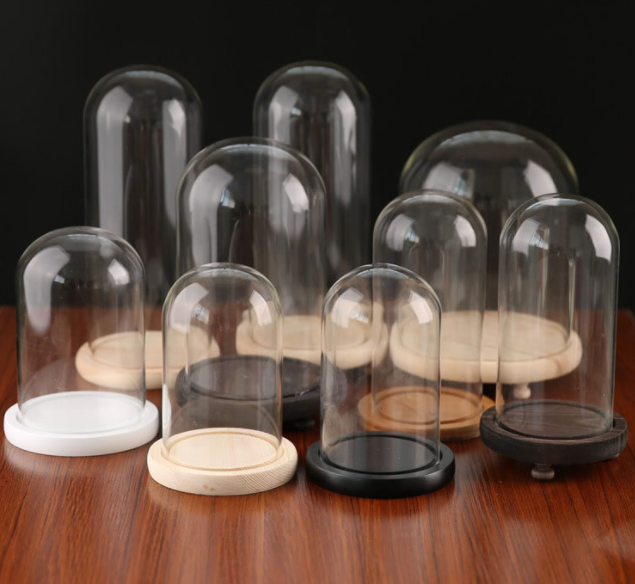 black solid wood/ glass bases bell jars display cloche glass dome with base