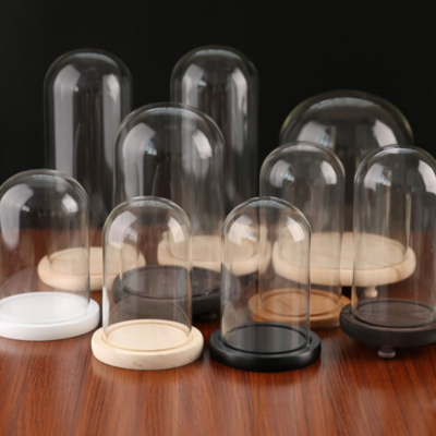 black solid wood/ glass bases bell jars display cloche glass dome with base