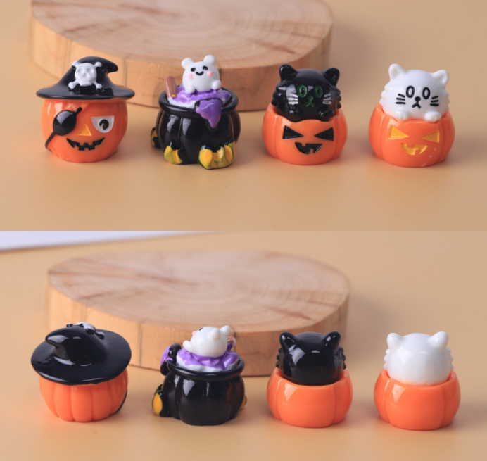 3D Cat Resin Pumpkin Skulls Miniature Figure Large Eyeball Mummy Ghost Mouse Hat Statue Halloween Decor Desktop Fairy Web House