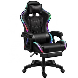 Wholesale Black PU Leather LED RGB Racing Gamer Chair Cheap Office Computer PC Recliner Gaming Chair With Lights And Speakers