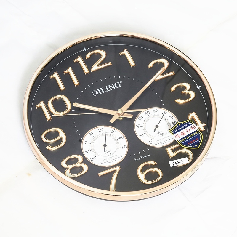 Diling Round Silent Sweep Movement glass Wall Clock 3d digital color luminous Wall Clock with Temperature and humidity display