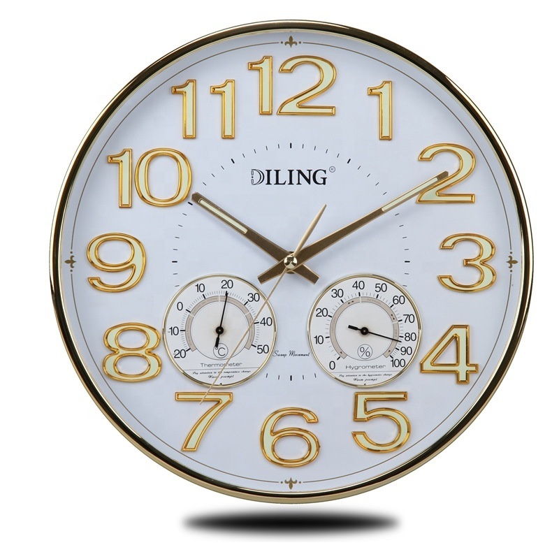 Diling Round Silent Sweep Movement glass Wall Clock 3d digital color luminous Wall Clock with Temperature and humidity display