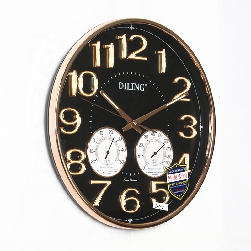 Diling Round Silent Sweep Movement glass Wall Clock 3d digital color luminous Wall Clock with Temperature and humidity display