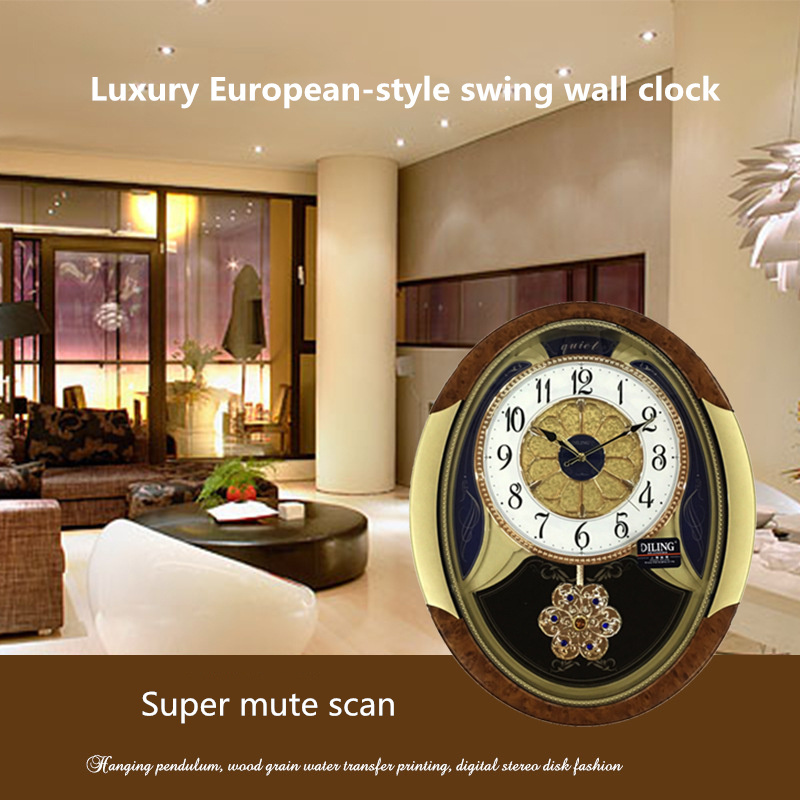 DILING  european style large beautiful clock high quality silent movement 3d digital Oval pendulum wall clock for living room