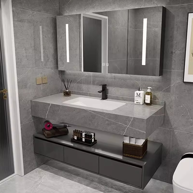 Wall Mounted White Ceramic Basin Rectangle Led Mirror Light Bathroom Sets Cabinets Modern Luxury Bathroom Vanity With Sink