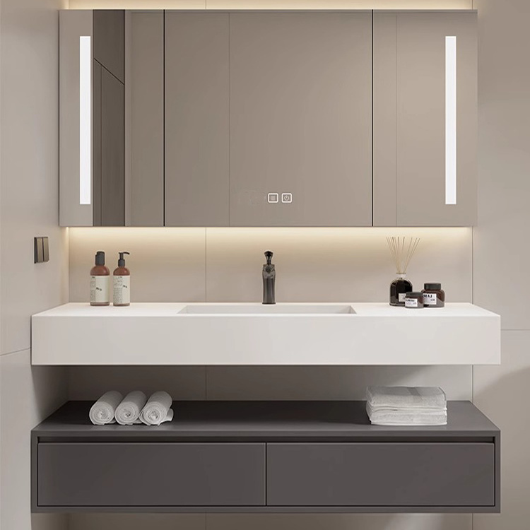 Wall Mounted White Ceramic Basin Rectangle Led Mirror Light Bathroom Sets Cabinets Modern Luxury Bathroom Vanity With Sink