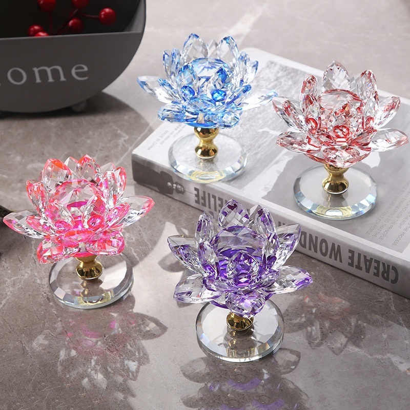 Wedding 4.3inch Pink Crystal Lotus Flower Candle Glass Ornaments for Wedding Birthday Celebration Festival Party Home Deco Gift