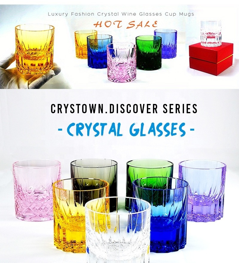 CRYSTOWN Hot Selling Crystal Glasses Tumbler Old Fashioned Wineglass Hand Cut Blue Pink Grey Diamond Rocks Whiskey Glass Cups