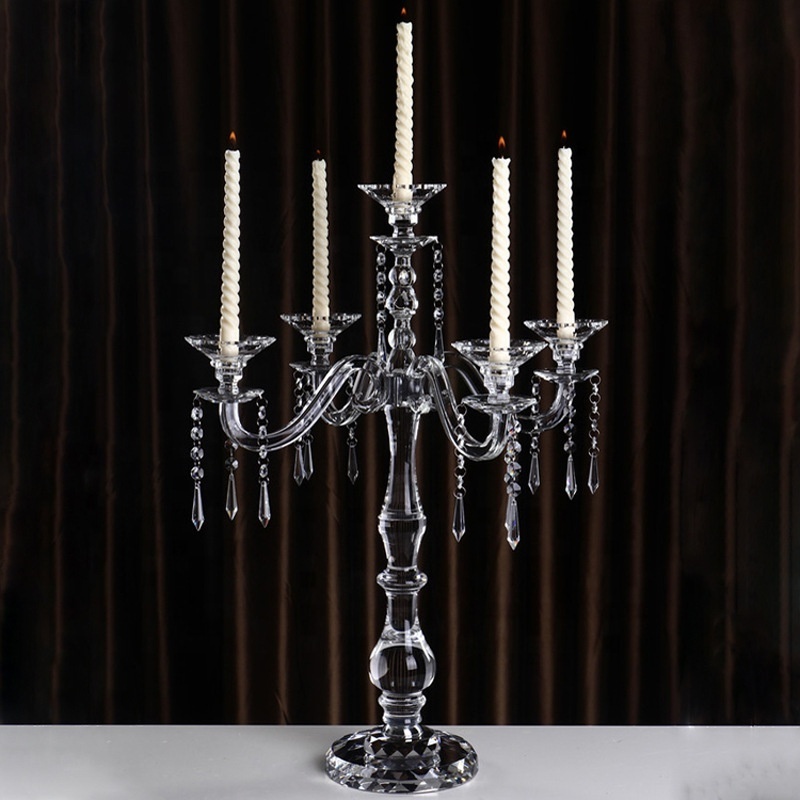 A- Factory Wholesale 5 Arm Crystal Candelabra Tall Glass Candle Holders Crystal Candelabra for Wedding Decoration Centerpiece