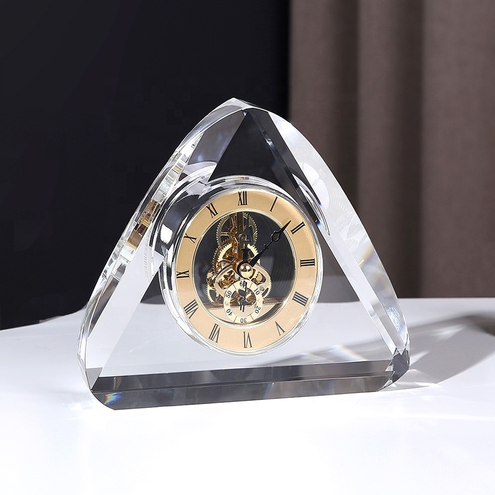 CRYSTOWN Personalize Round K9 Decorative Crystal Table Desk Alarm Calendar With Triangle Arch Clock For Business Gifts