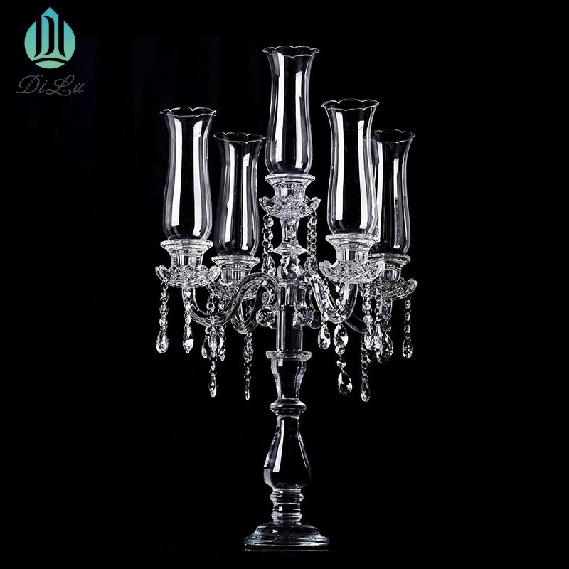 A- Factory Wholesale 5 Arm Crystal Candelabra Tall Glass Candle Holders Crystal Candelabra for Wedding Decoration Centerpiece