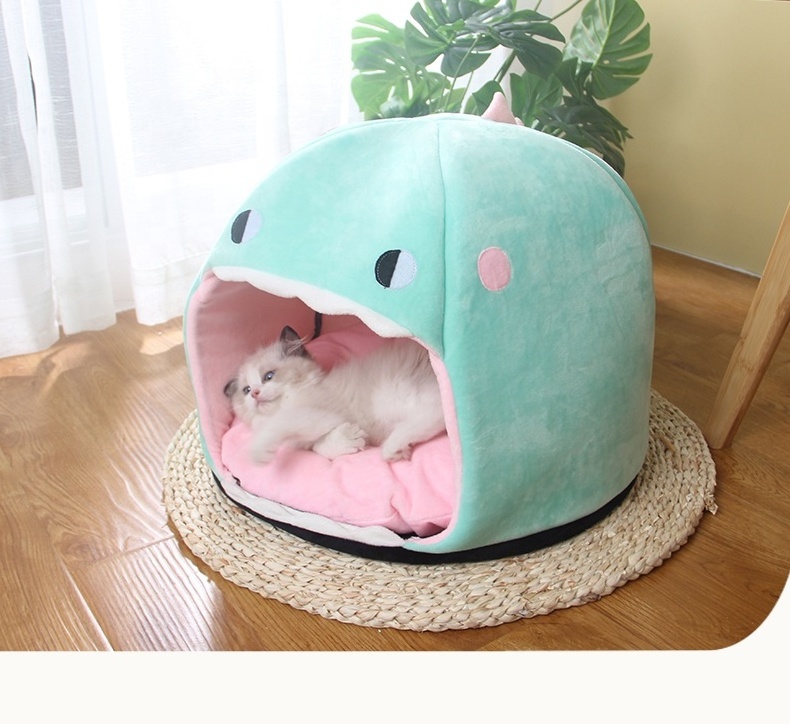 Cartoon Shark Pet Cat Cave Bed Cat House Customized Design And Logo Cotton Handmade Comfortable Foldable Cat Bed