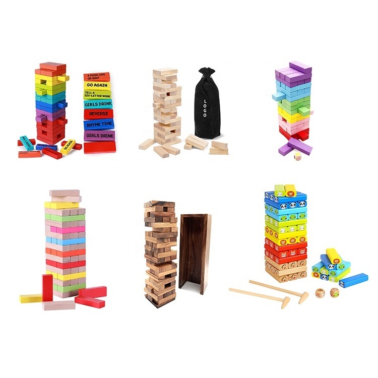 54 PCS Stacking Wooden Blocks with Customized Words Non-toxic Painted Tumbling Tower for Adults Night Party Game