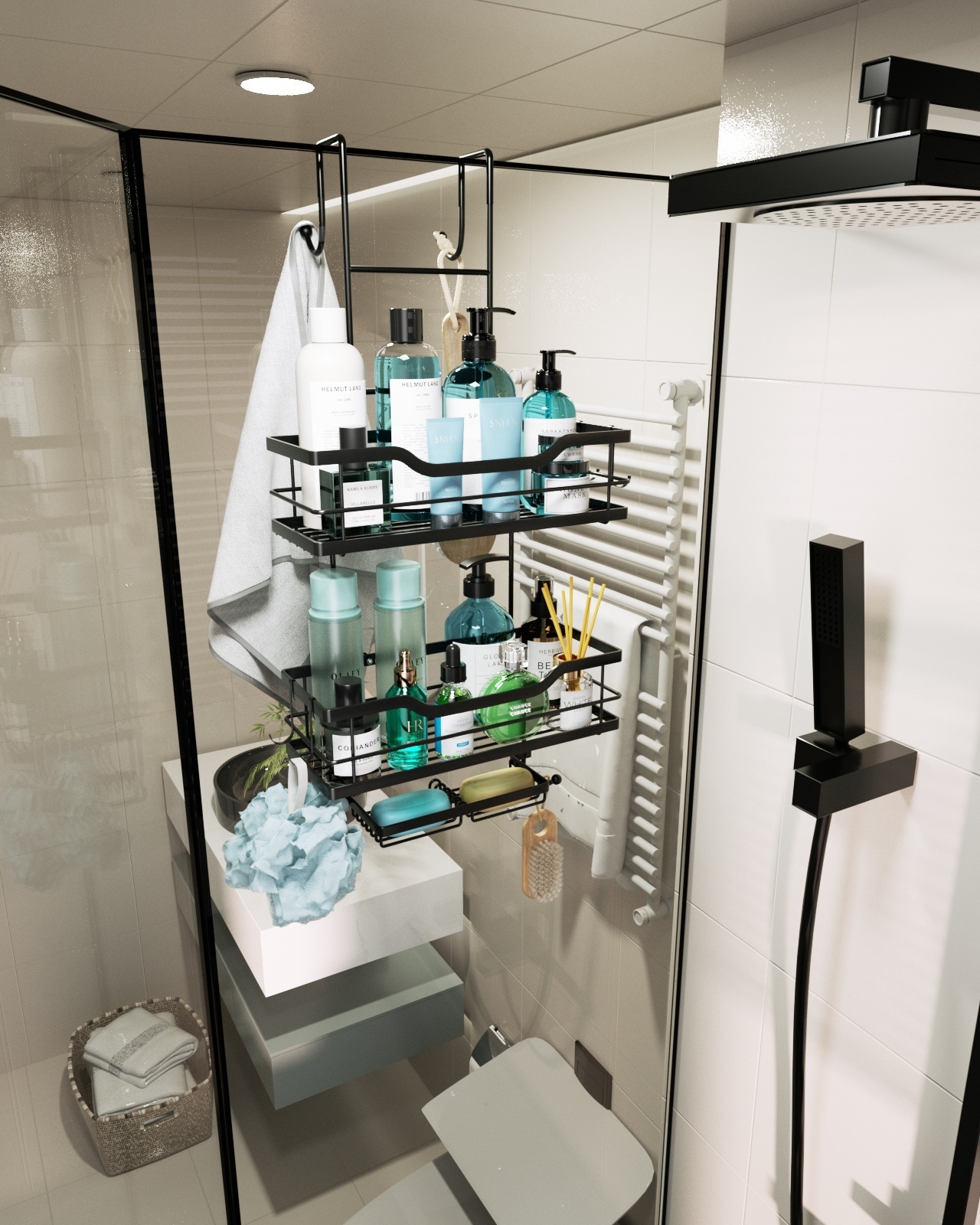 Bathroom Hanging Double Shower Shelf with Hook No Drilling Stainless Steel Over the Door Shower Organizer