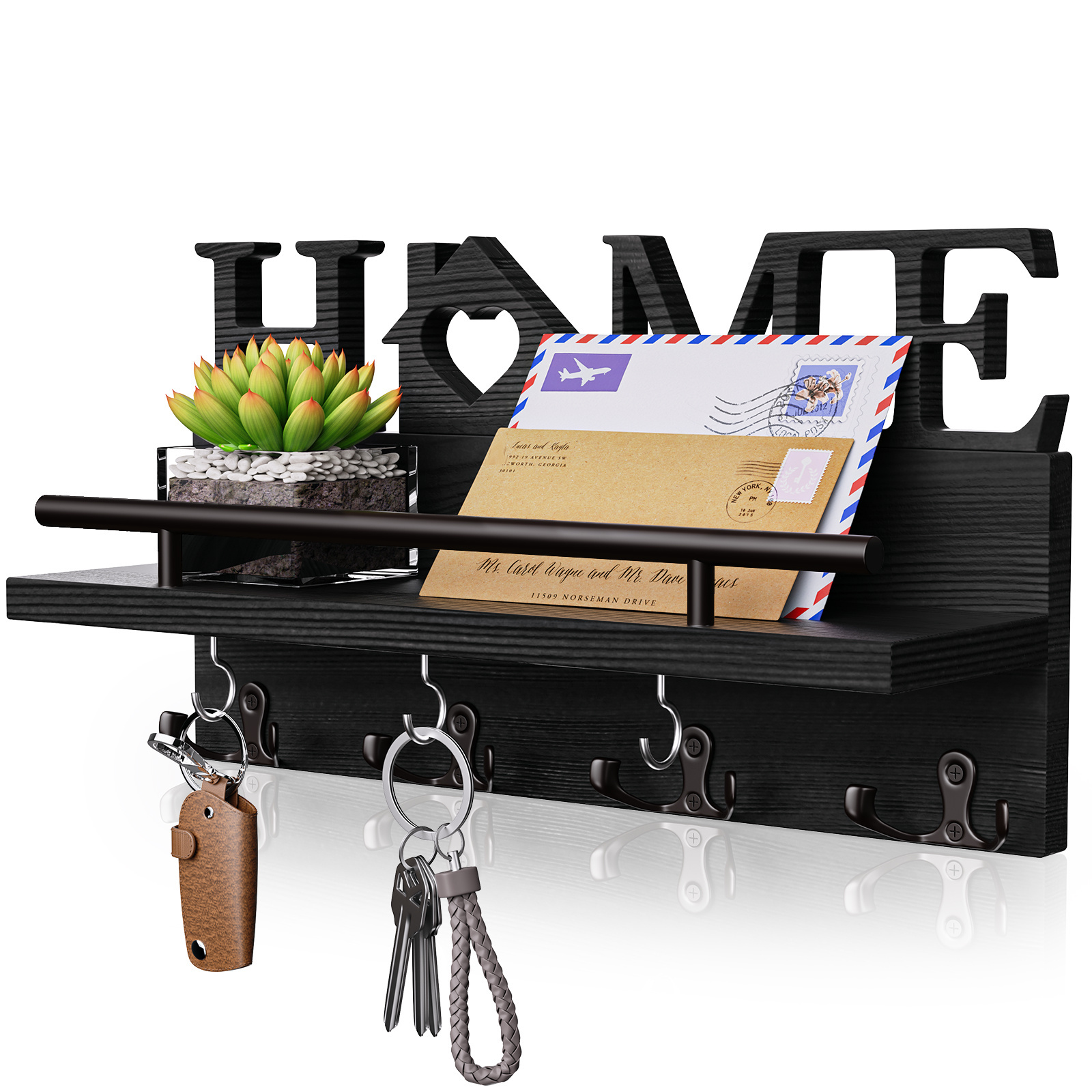 Black Home Design Metal Key Mail Organizer w/ Hooks Wall Mounted Key Rack Storage Key Hanger for Entryway Hallway Garage Office